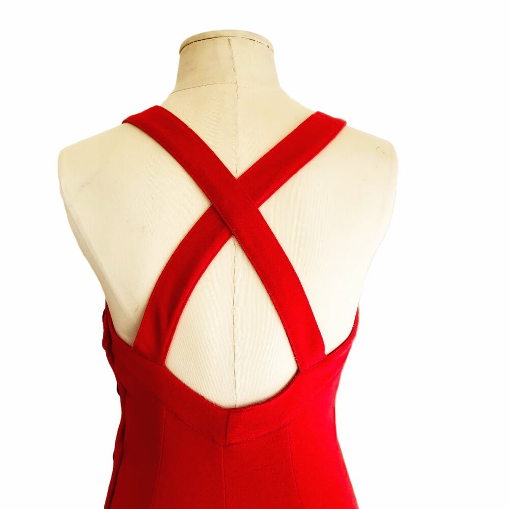 Vintage 80s Red Midi Dress Sweetheart Neckline Cross Back Retro Party Size Small - Picture 4 of 8